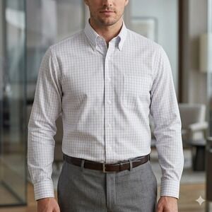 Brooks Brothers Madison Shirt Mens 18.5-37 White Blue Check Non-Iron Supima